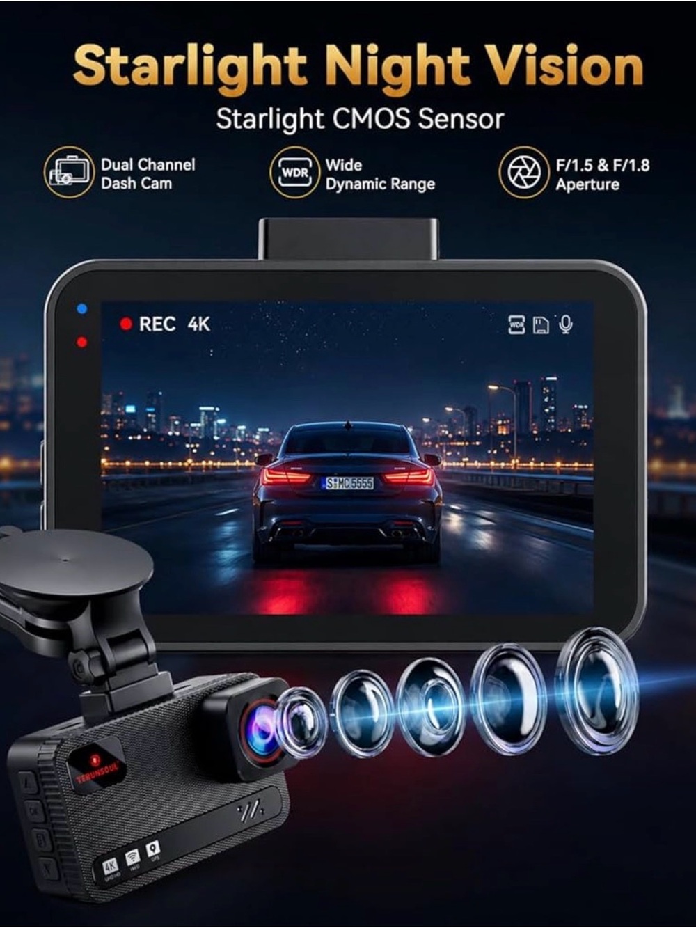 TERUNSOUL 4K Dash Cam - Black with Red Accents - Picture 6 of 10